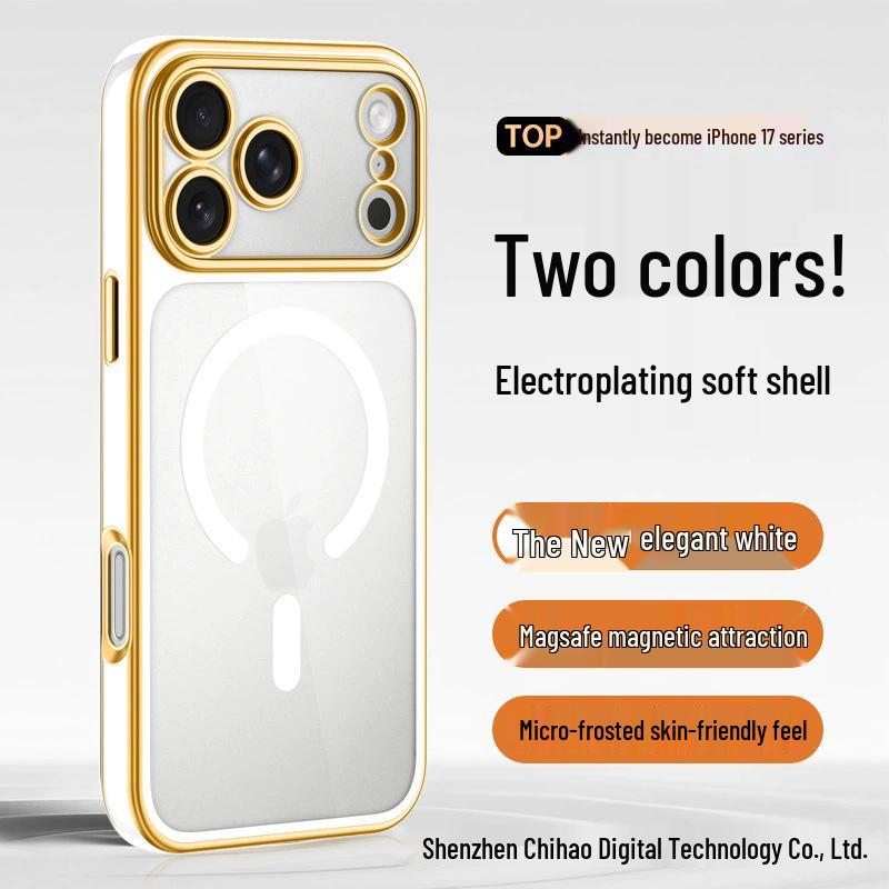 Прозрачный двухцветный гальванизированный магнитный чехол для iPhone 17 Pro Max с полным покрытием линзы Apple 16, мягкий.