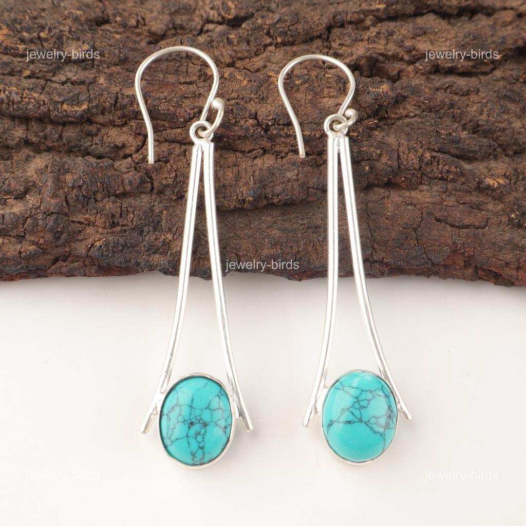 Овальные серьги-подвески с крючками из камня бирюзы, ювелирные изделия из стерлингового серебра 925 пробы EE-136-33