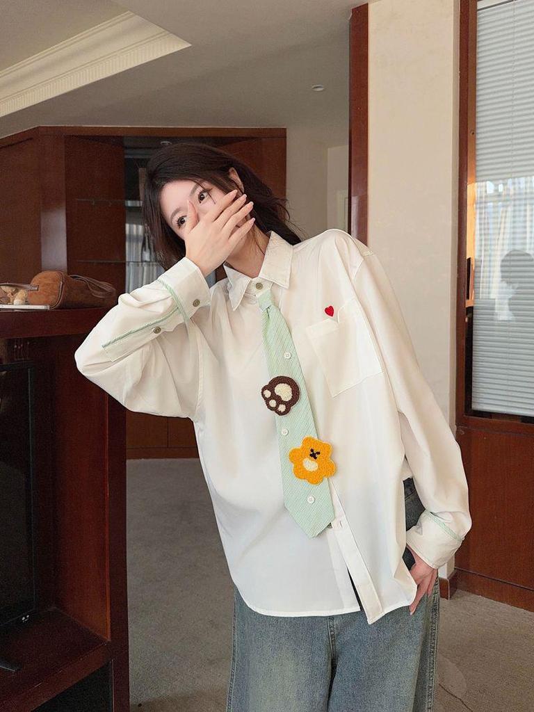 Женская белая рубашка-поло с галстуком - Колледж-стиль, Защита от солнца, Для носки с весны по осень