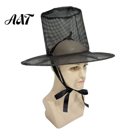 Magician Pointed Hat Vintage Korean Gat Hat, Black Mesh Wide Brim Joseon Dynasty Comfortable Halloween Scholar with Neck Strap, Cosplay