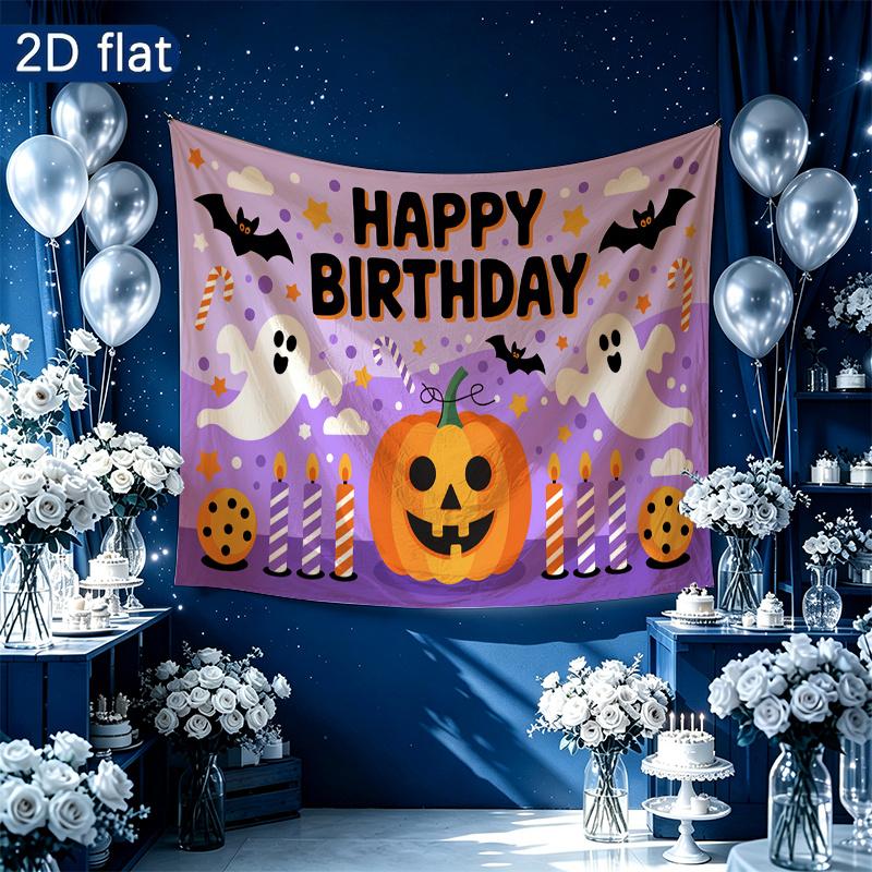 Candles Gifts Cookies Happy Halloween Party Banner, Multicolor Polyester Backdrop for Celebration & Photos
