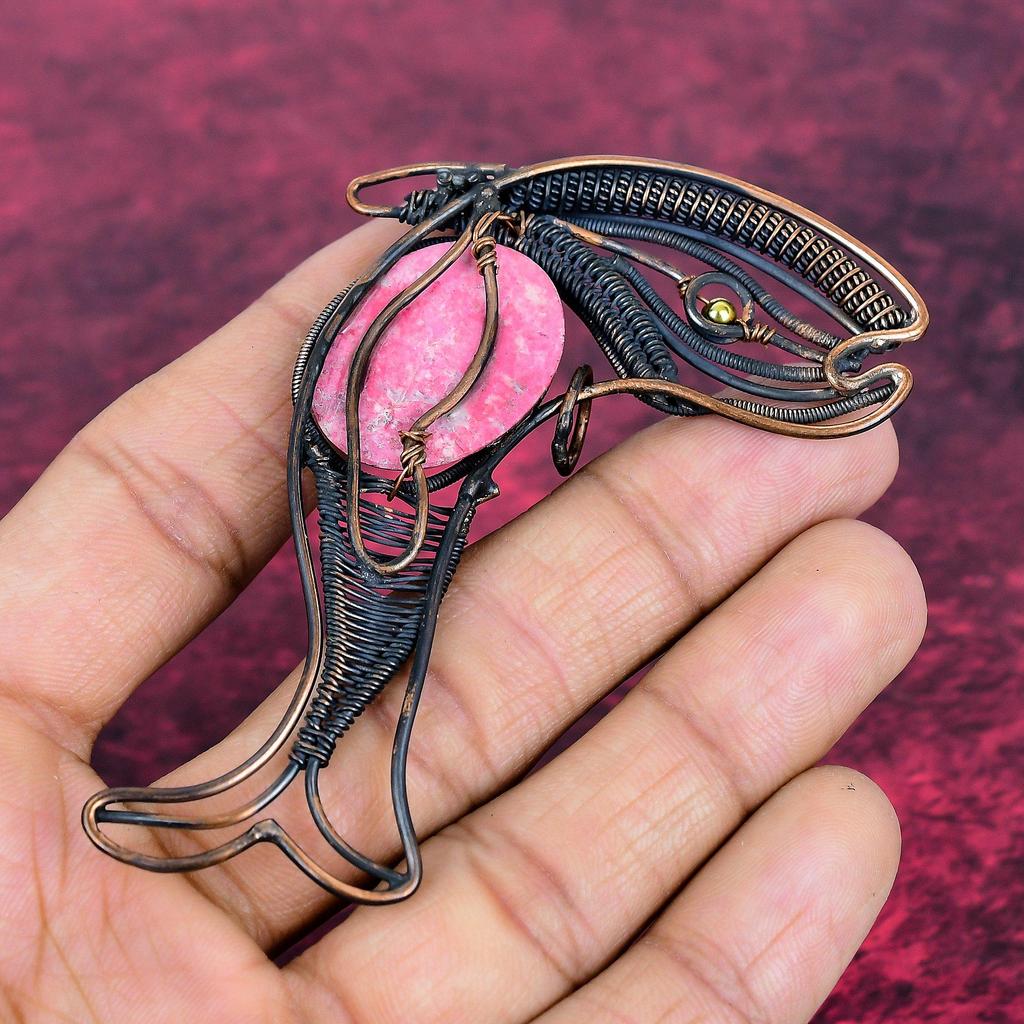 Thulite Real Gemstone Pendant Copper Wire Wrapped Handmade Jewelry Fish Pendant