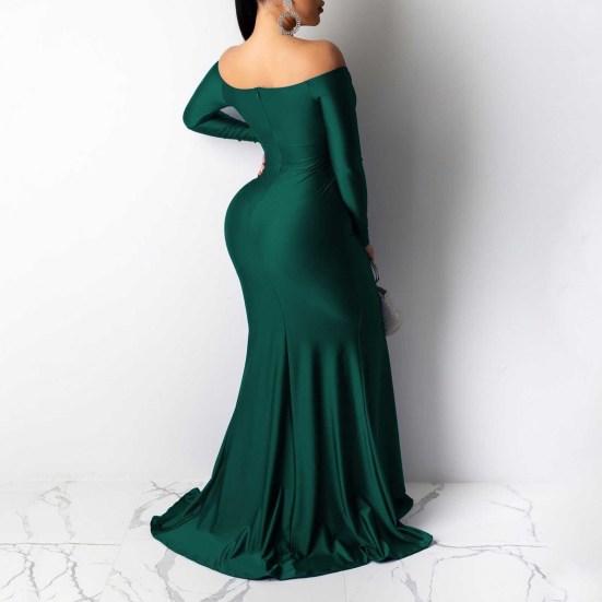 Женское вечернее платье с V-образным вырезом, открытыми плечами, боковыми разрезами, длиной до пола, длинными рукавами, плиссированное, облегающее