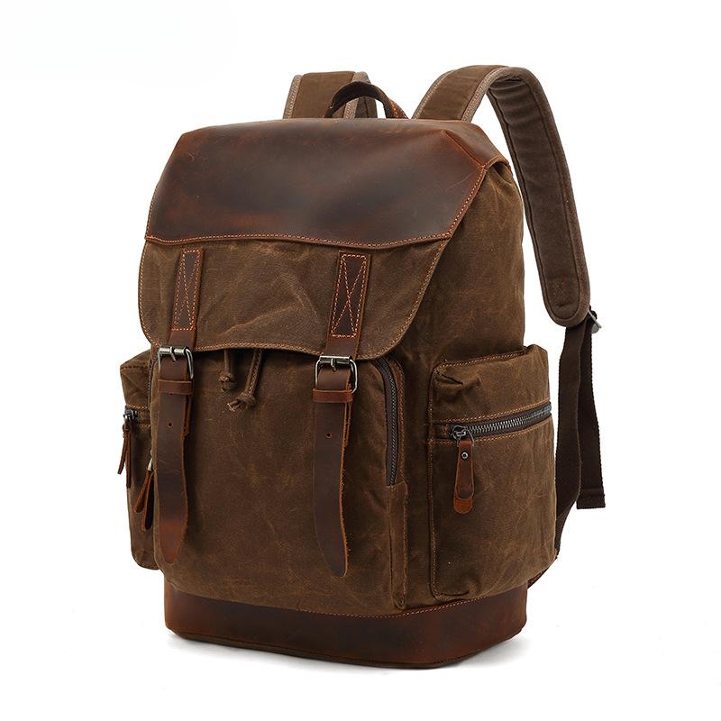 Travel Backpacking Student Outdoor Backpack with Crazy Leather Vintage Travel Bag Waterproof Oil Wax Canvas