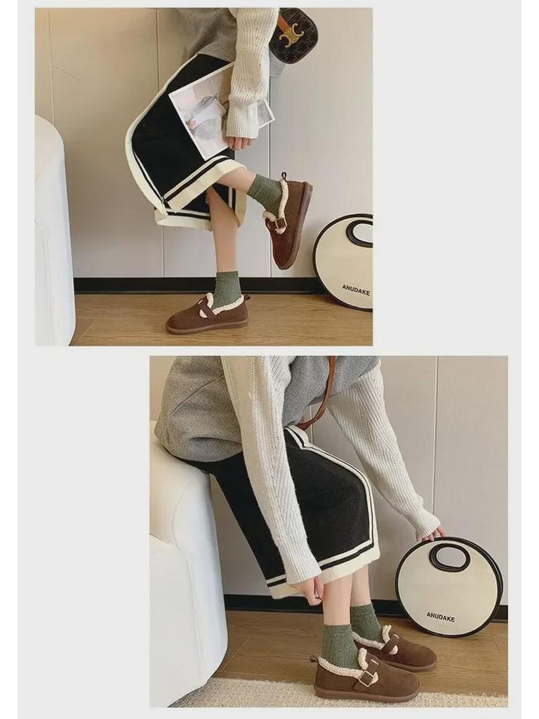 Женские туфли на плоской подошве из хлопковой замши с пряжкой в корейском стиле 2024 года — теплая обувь на меху на осень/зиму