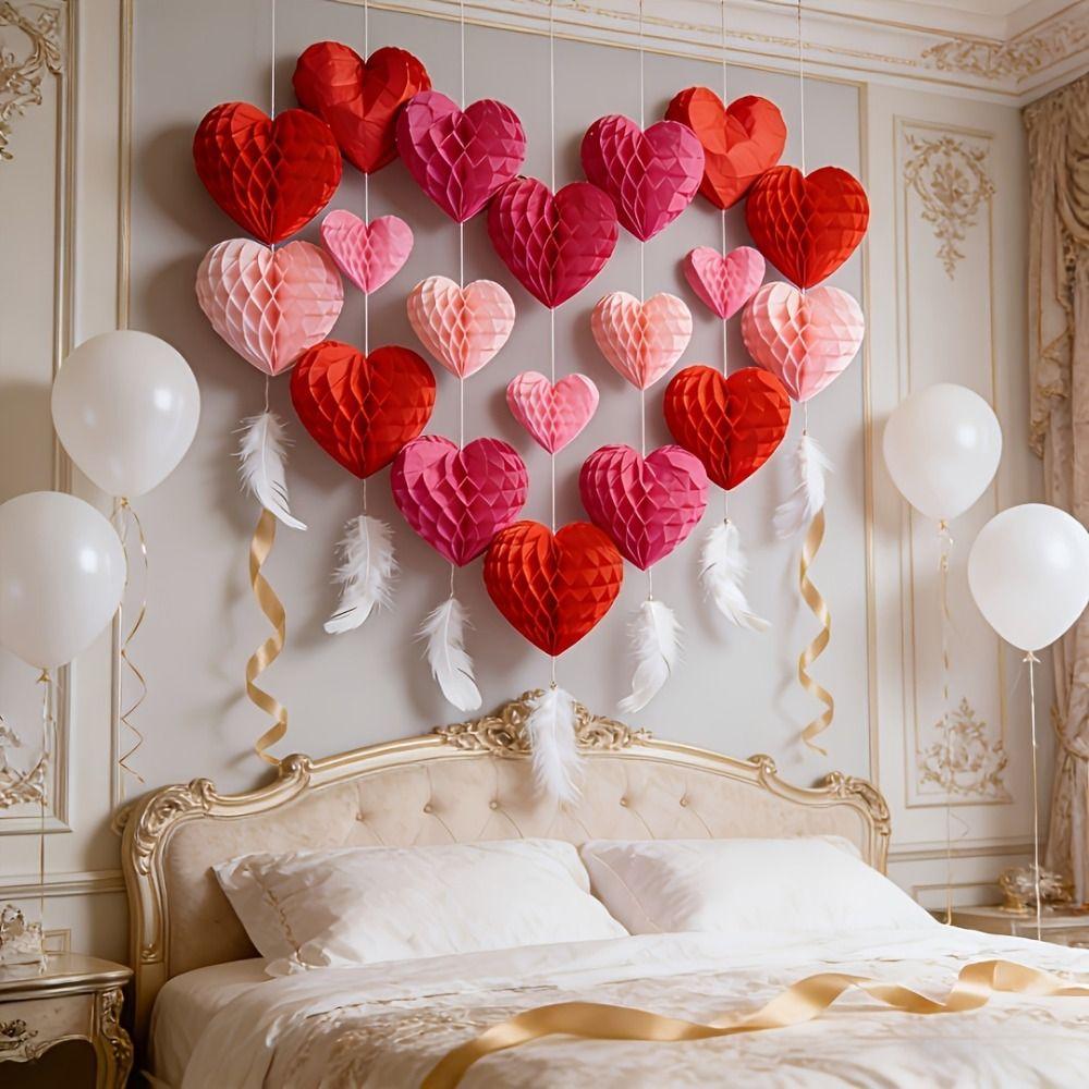 5 Pcs Set Heart-Shaped Honeycomb Party Decorations Hanging Paper Pom-Poms  Birthday Party Decor