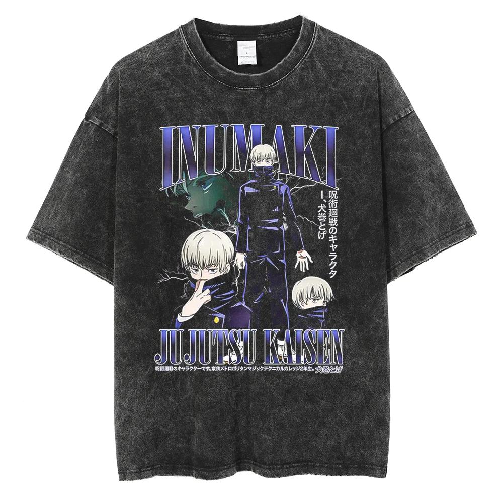 Аниме Jujutsu Kaisen Рёмен Сукуна Выстиранная футболка Винтажный хлопок Мужская уличная одежда Оверсайз Женская с короткими рукавами
