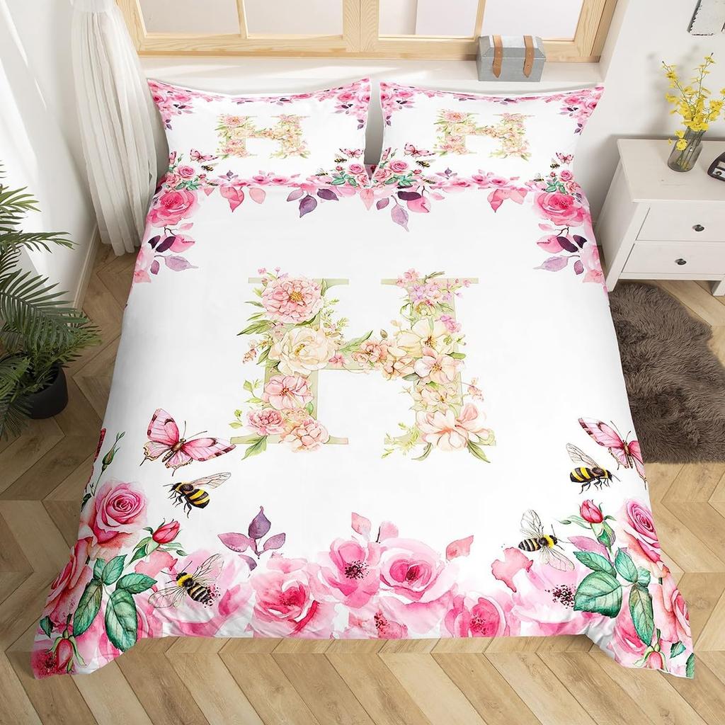 Initial Letter A Duvet Cover for Boys Girls Floral Monogrammed Bedding Set Romantic Rose Alphabet Quilt Cover with 2 Pillow Case