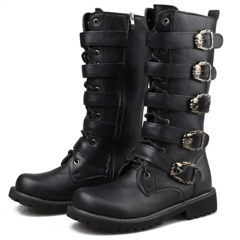 Winter Men Motorcycle Boots Fashion Mid-Calf Punk Rock Punk Shoes Mens PU Leather Black High Top Casual Boot Man