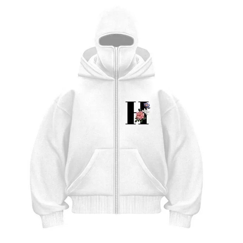 Хип-хоп толстовка с капюшоном на молнии с двойной шапкой, балаклава, куртка с капюшоном, уличная мода, принт с буквой, осень-зима