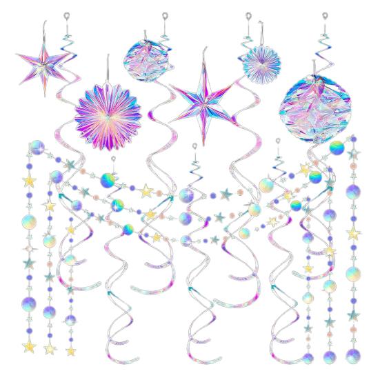29 Pcs Iridescent Party Decorations Holographic Foil Fan Shiny Star Honeycomb Ball Hanging Swirls Decoration for Baby Shower Mermaid Themed