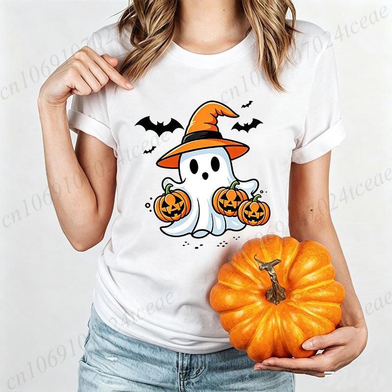 Halloween Cute Ghost Witch Hat Print Tshirt for Women Cartoon Pumpkin Bat Graphic Tee Fall Casual T Shirt Halloween Costume Tops