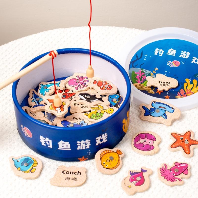 Educational Wooden Magnetic Fishing Game For Children Ocean Animal Cognition And Parent-child Interactive Toy