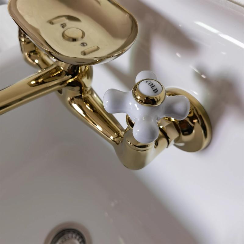 Tuqiu Bathroom Basin Faucet Wall mounted Hot and Cold Ceramica handle Europe Style Sink Mixer with Soap Dish