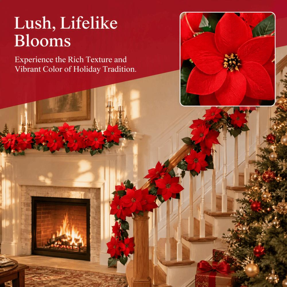 Soft Large Artificial Flowers Red Poinsettia Vine Holiday Christmas Garland Decoration Fireplace