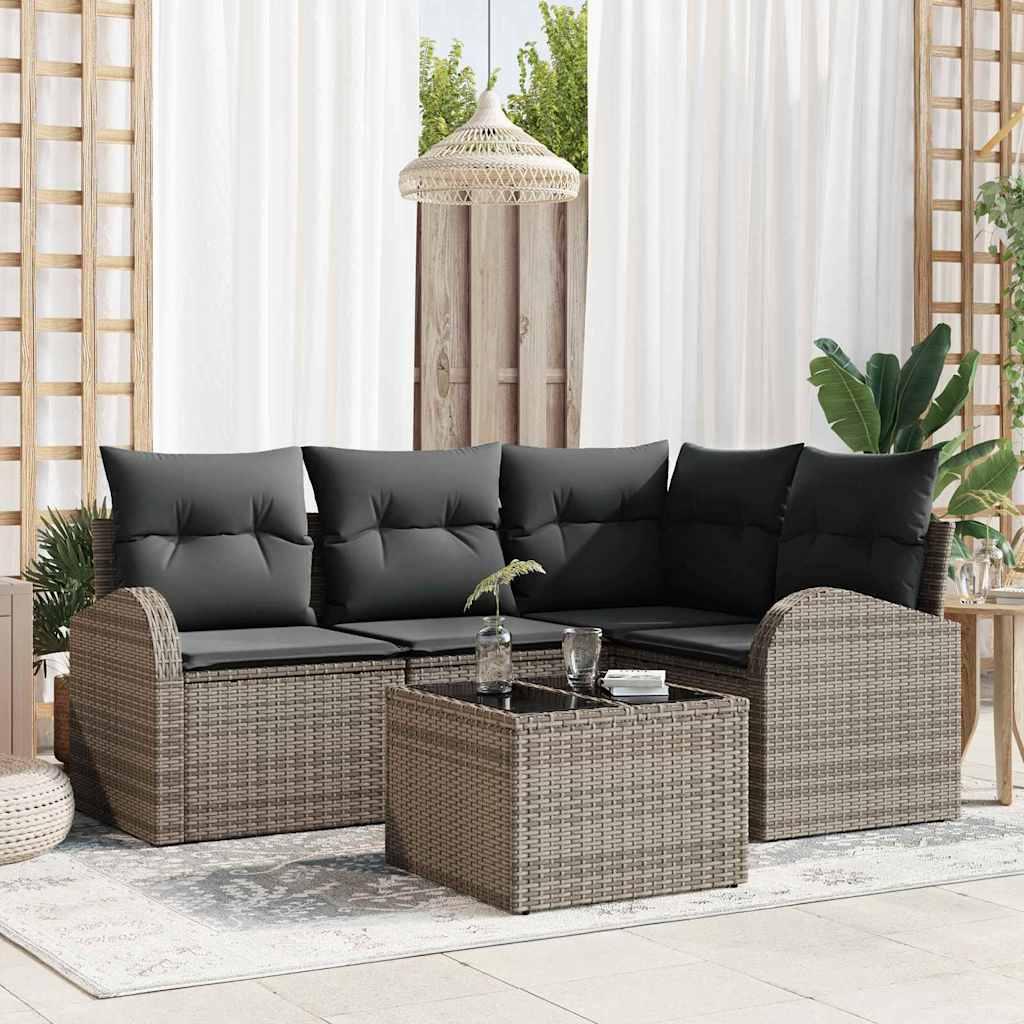 Garden Sofa Set with Cushions and Storage 5 pcs Grey Poly Rattan