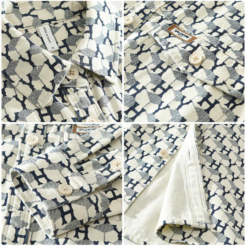 Новые модные мужские рубашки с длинным рукавом, весна и осень, уличная одежда, свободный верх, рубашки с двойными карманами и принтом, 100% хлопок, мягкая повседневная мужская одежда