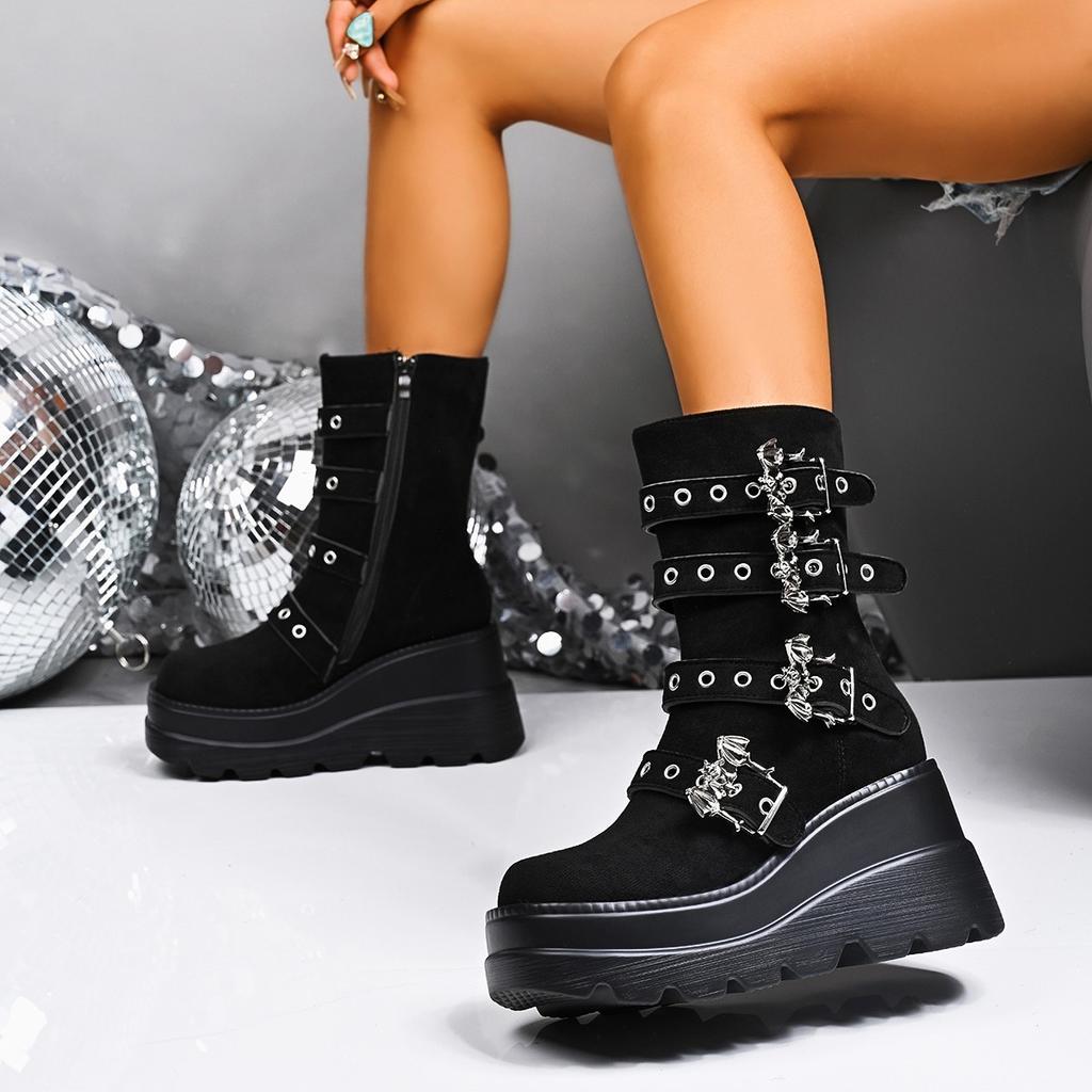 Muffin Heel Round Scalp, Buckle Side Zipper, Short Studded Martin Boots, Cowboy Leather Platform Boots