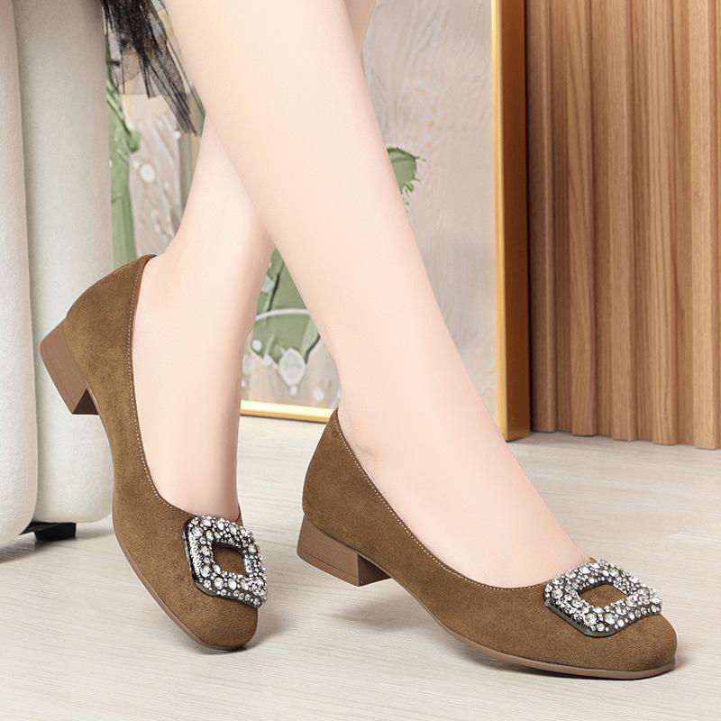 Мода 2024 года, женские туфли с квадратным носком и пряжкой, со стразами, с неглубоким носком, на высоком каблуке, женские, элегантные, французские, из замши, модные, удобные, простые