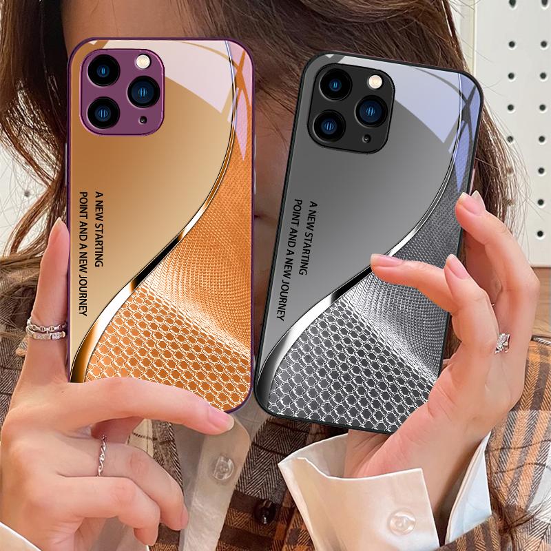 Черный Чехол Из Закаленного Стекла Для Телефона Для IPhone 15 Pro 14 13 12 Mini 11 XS Max XR 7 8 Plus SE 2020 2022 Сетчатая Изогнутая Текстура Оранжевый