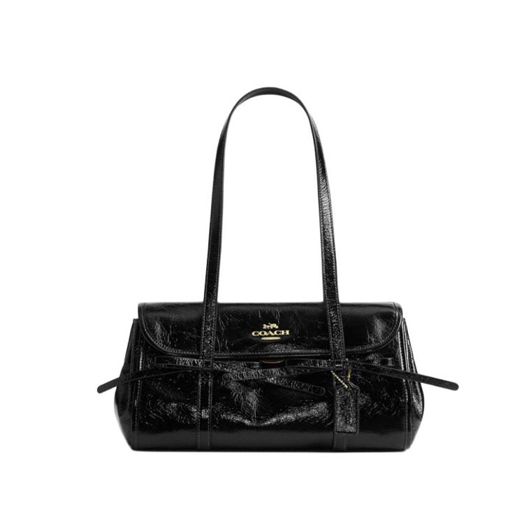 Coach Bridget 34 Bow Accent Solid Design Classic Gold Logo Smooth Pebble Leather Shoulder Bag Women shoulder bag Black CDY94-IMBLK