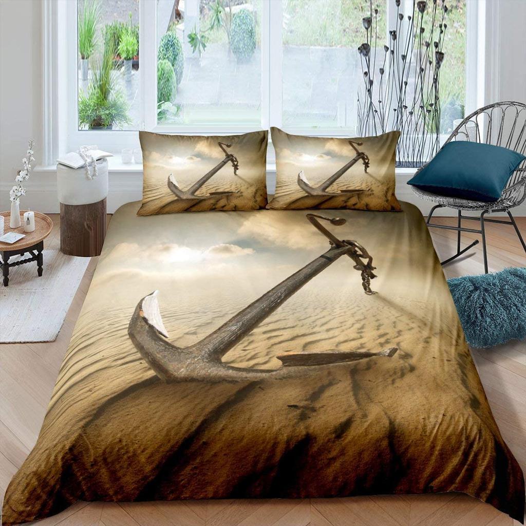 Ocean Beach Ship Anchor Duvet Cover Set Морской полиэстеровый плед для мужчин и женщин Закат Голубое небо Белые облака King Size