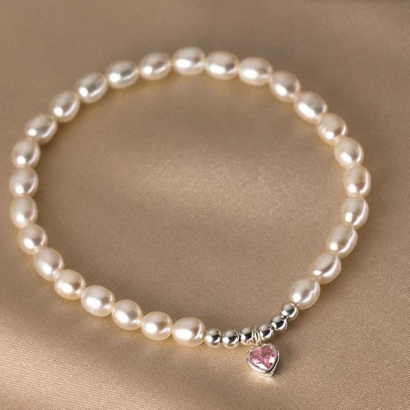 Handmade 925 Sterling Silver Freshwater Pearl Zircon Heart Shape Beaded Bracelet Women Fine Jewelry