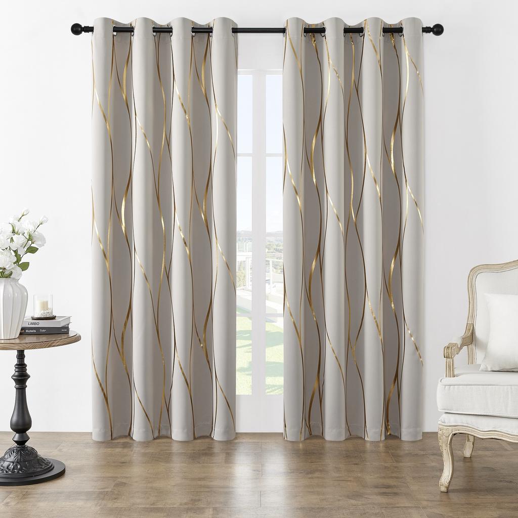 Упаковка из 2 затемняющих штор с люверсами, теплоизолирующих, затемняющих комнату с волнистой фольгой, напечатанной для спальни