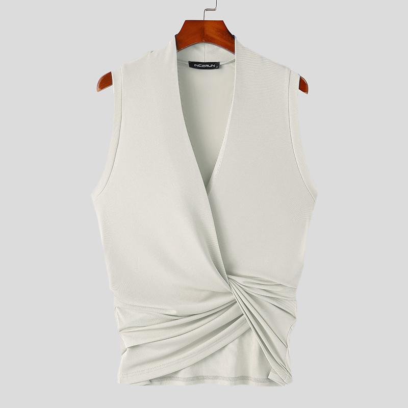 INCERUN Мужские майки без рукавов с глубоким V-образным вырезом, летние, с перекрещивающимися спереди жилетками