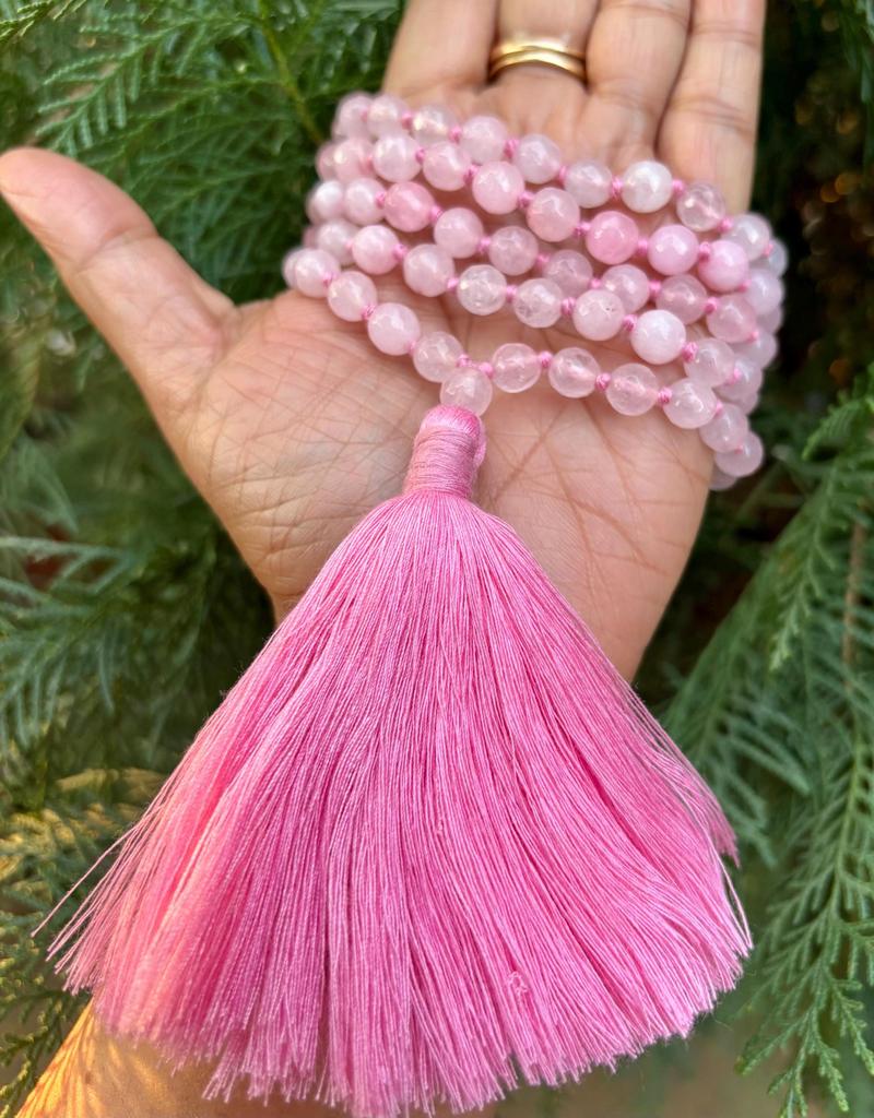 8 mm Rnd 108+1 Guru Beads Faceted Pink Rose Quartz Jaap Rosary, Japa Mala Energized, Yoga Prayer Healing Meditation, January Birthstone