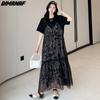 Dimanaf 2023 Plus Size Women Summer Long Dress Black Print Spliced Mesh Elegant Lady Dress Pleated