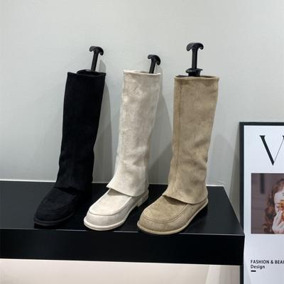 Хаки Брюки Труба Сапоги Рыцарские Сапоги Женские Сапоги 2025 Осень и Зима Винтажные Замшевые Узкие Сапоги Средние Сапоги