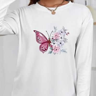 Топы для женщин, розовая бабочка, цветочный принт, круглый вырез, длинный рукав, футболка, осенний повседневный тонкий пуловер, женский топ с длинным рукавом