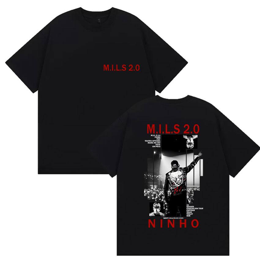 2025 Summer Rapper NINHO M.I.L.S 2.0 Album Merch T Shirt Men's Gothic Hip Hop Leisure Retro Style Cotton Short Sleeve T-shirt