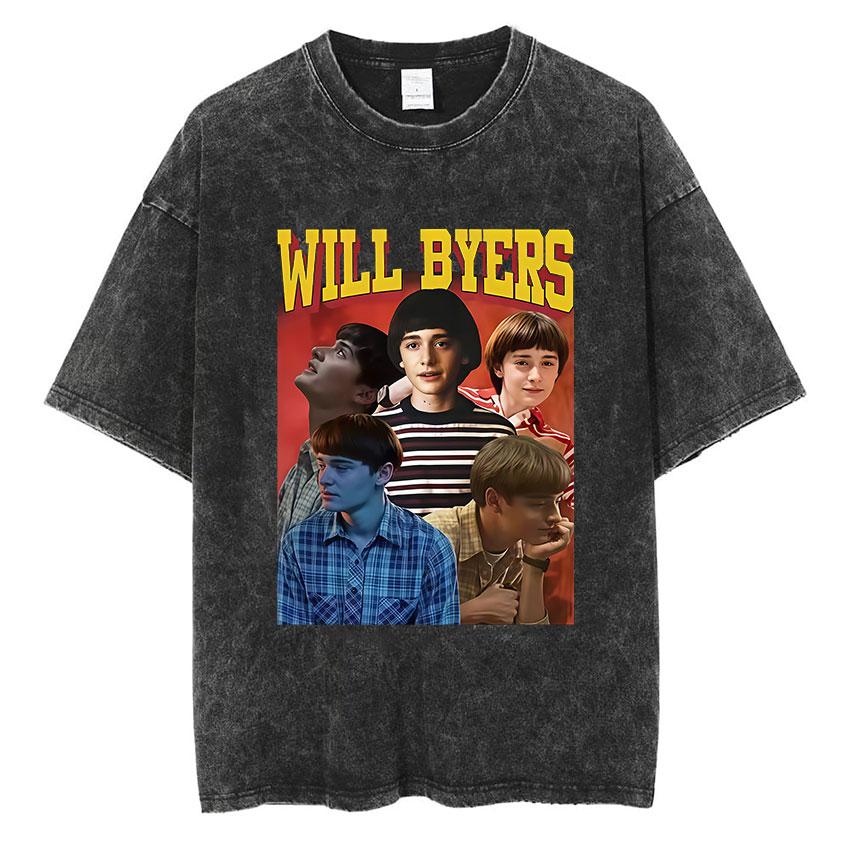 Vintage Washed Will Byers Graphic T Shirt Mens Fashion Pop TV Show Short Sleeve Tshirts Casual Cotton Tshirt Streetwear