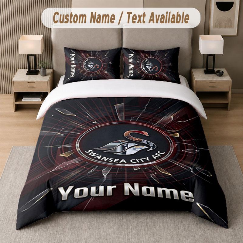 Custom Bedding Set Swansea City FC Pattern, Print Name Text 1 Duvet Cover plus 2 Pillowcases Home Textile