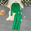 Autumn Spring Women Knitted Sweater Two Piece Set V-neck Single Breasted Top Coat and Mid-calf Slim Pencil Skirt Outfits