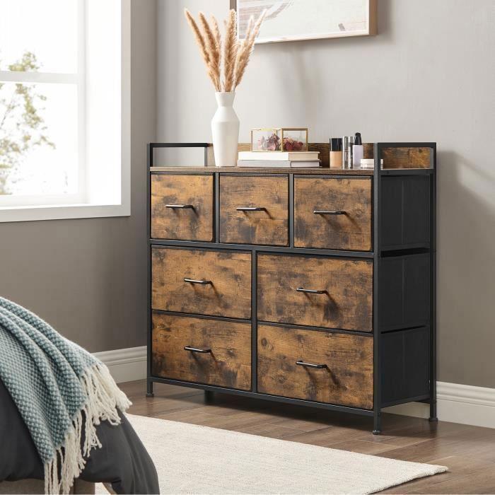 SONGMICS Commode, Armoire, Meuble de Rangement, 7 Tiroirs en Tissu avec Poignées, Cadre en Métal, Marron Rustique et Noir d'Encre