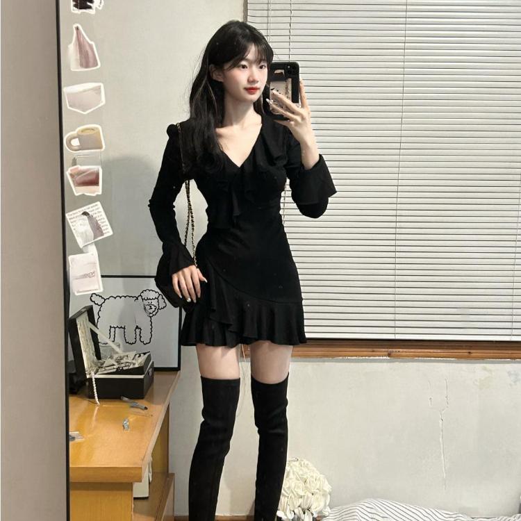 Весеннее французское элегантное черное мини-платье Y2k, короткое вечернее платье с длинными рукавами, офисное женское тонкое однотонное платье, женское шикарное платье