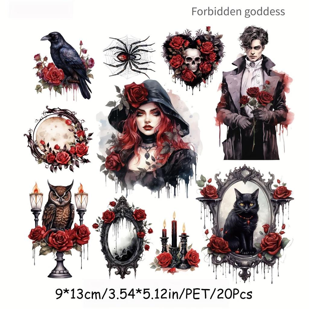 NEW 20Pcs Goth Witch Series Decorative Sticker Pack Retro Rose Cat Collage Scrapbooking Label Diy Diary Album Journal Planner