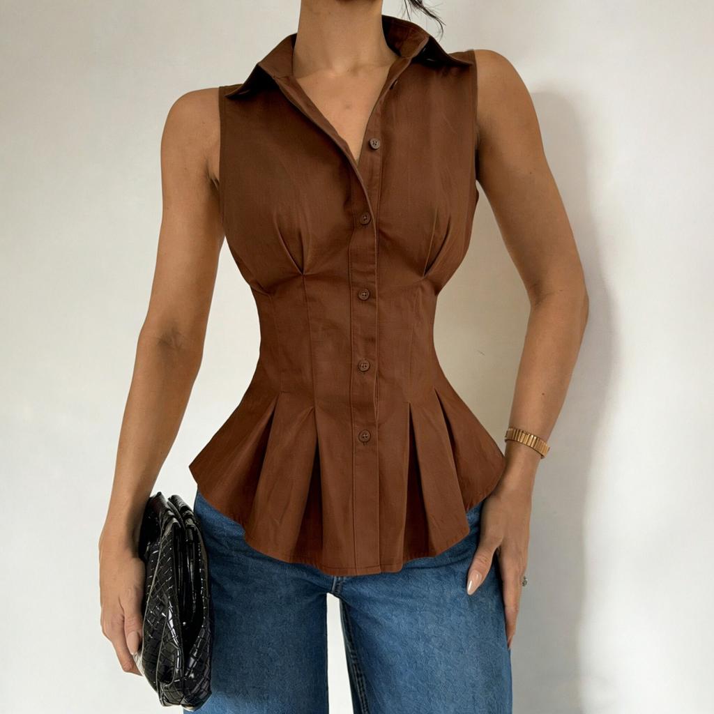 Summer new lapel ruffled waist-cinching sleeveless shirt with pleated shirt