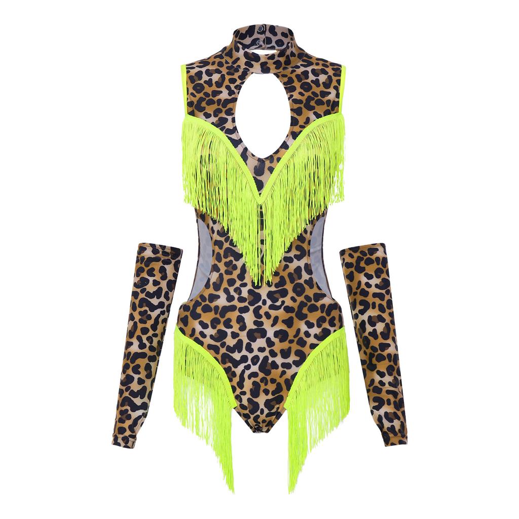 Women Leopard Print Latin Bodysuit Oversleeve Tassel Keyhole Backless Hollow Waist Button Crotch Leotard