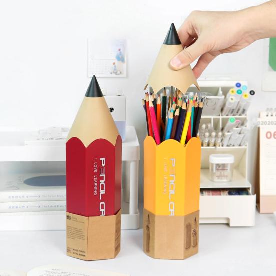 Pen Holder with Dustproof Lid Pencil Shape Large Capacity Student Classroom School Desktop Pen Makeup Brush Storage Organizer Container