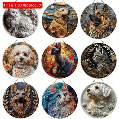 1 шт. 2d плоский круглый деревянный плоский знак - 20 см, реалистичный расписной художественный знак для собак и кошек, офисный дом, подарочное настенное украшение для любителей собак и кошек