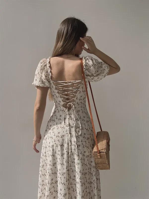 2025 Floral Print Waist-Cinched Mid-Length Dress - European & American Style