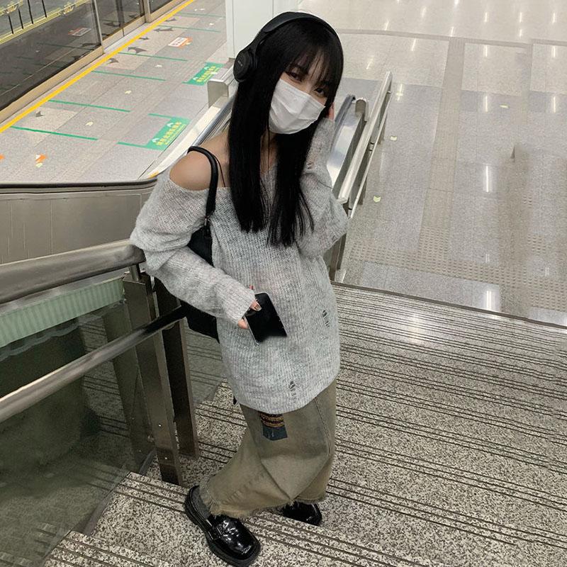 Серый вязаный ажурный свитер с защитой от солнца, женские свободные ветровые топы Y2K, тонкая верхняя одежда, пуловер, готические свитера