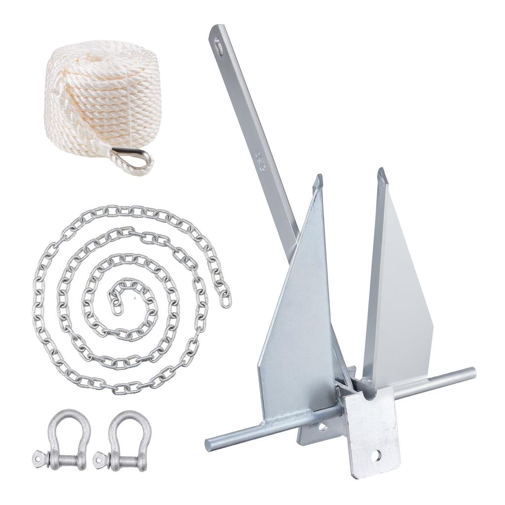 VEVOR Fluke Style Anchor Kit, 13 LBS Hot-Dipped Galvanized Steel Fluke Anchor with 7.9' Chain, 101' Rope and Two 0.4" Shackles