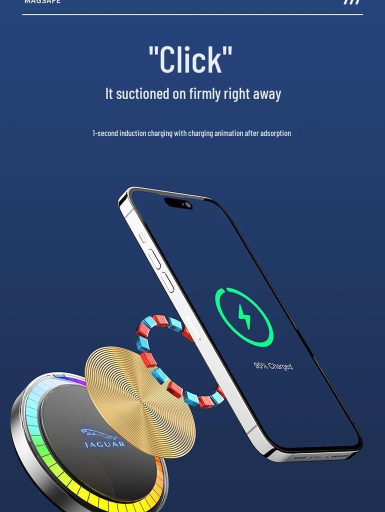 Jaguar Wireless Magnetic Phone Holder & Fast Charger with LED Ambient Light, Compatible with Apple