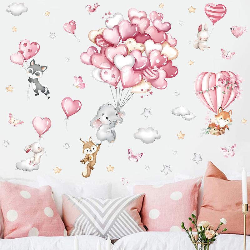 Pink Cartoon Animal Wall Sticker for Kids, Cute Girl Bedroom Window Decal, Self-Adhesive Room Decor