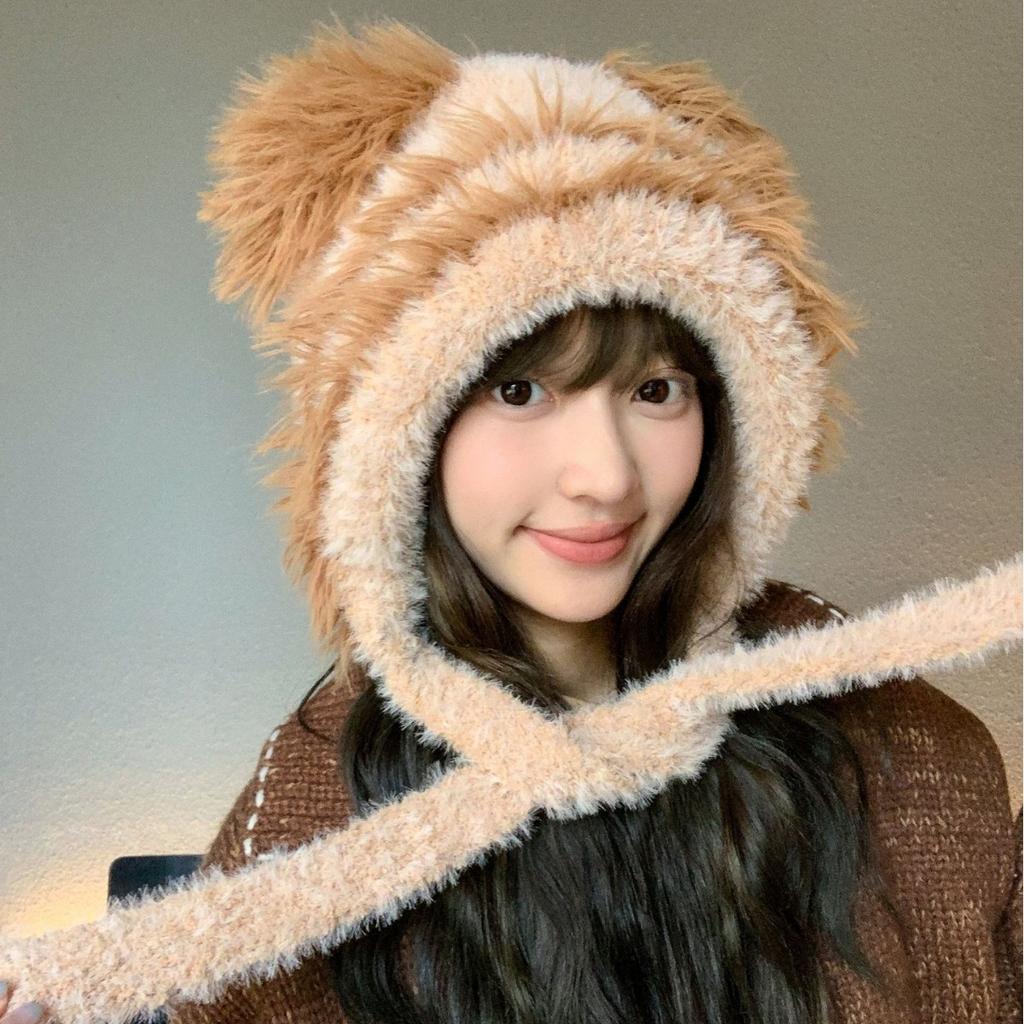 Осенне-зимняя новая женская вязаная шапка с милым плюшевым медведем, утолщенная теплая и морозостойкая шерстяная шапка, повседневная шапка